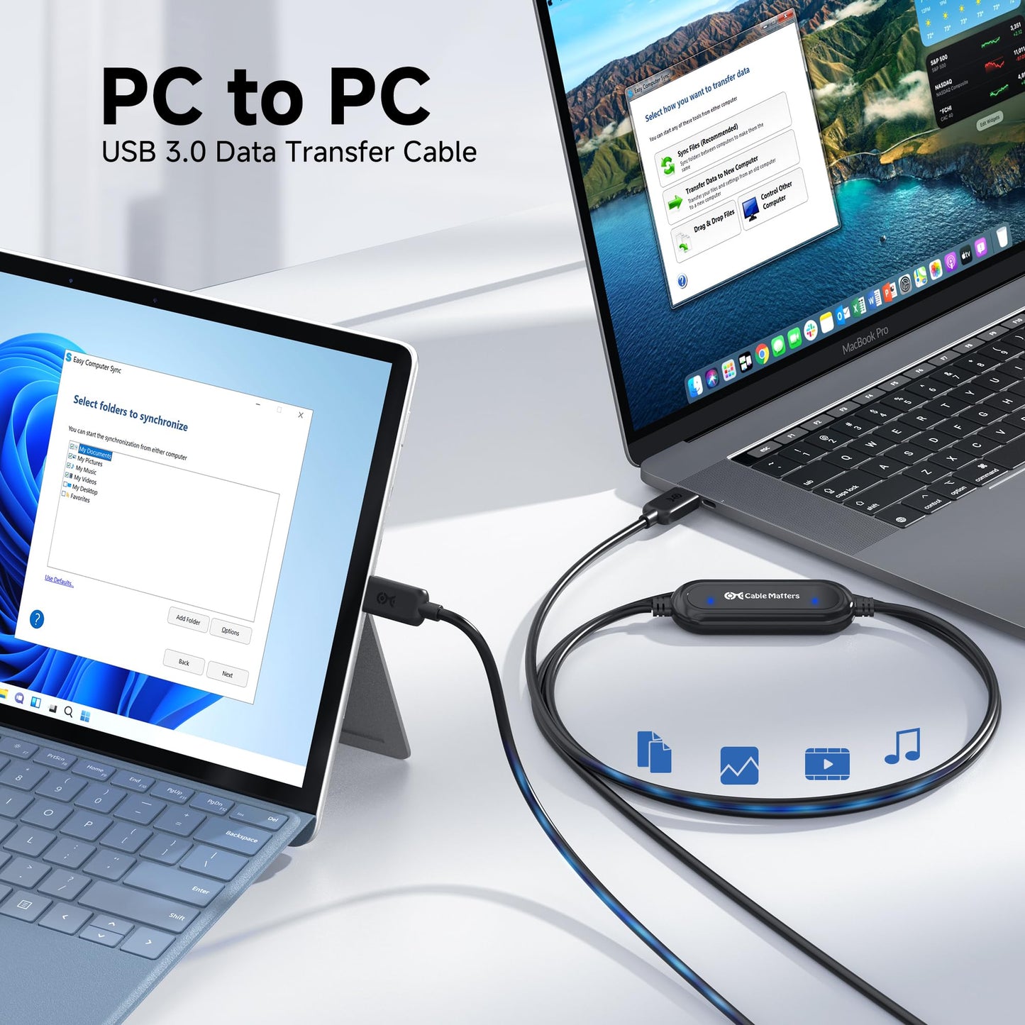 Cable Matters USB 3.0 Data Transfer Cable PC to PC for Windows, USB Transfer Cable in 6.6 ft - Easy Computer Sync Software Key Included, Works