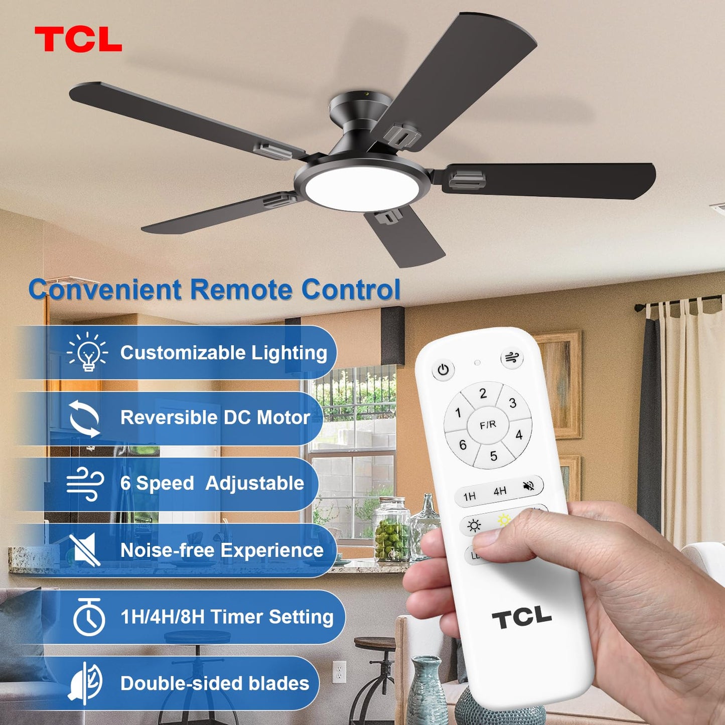 TCL Ceiling Fans with Lights, 52 Inch Low Profile Ceiling Fan with Light and Remote Control, Flush Mount, DC Reversible Motor, Noiseless, 6 Speeds