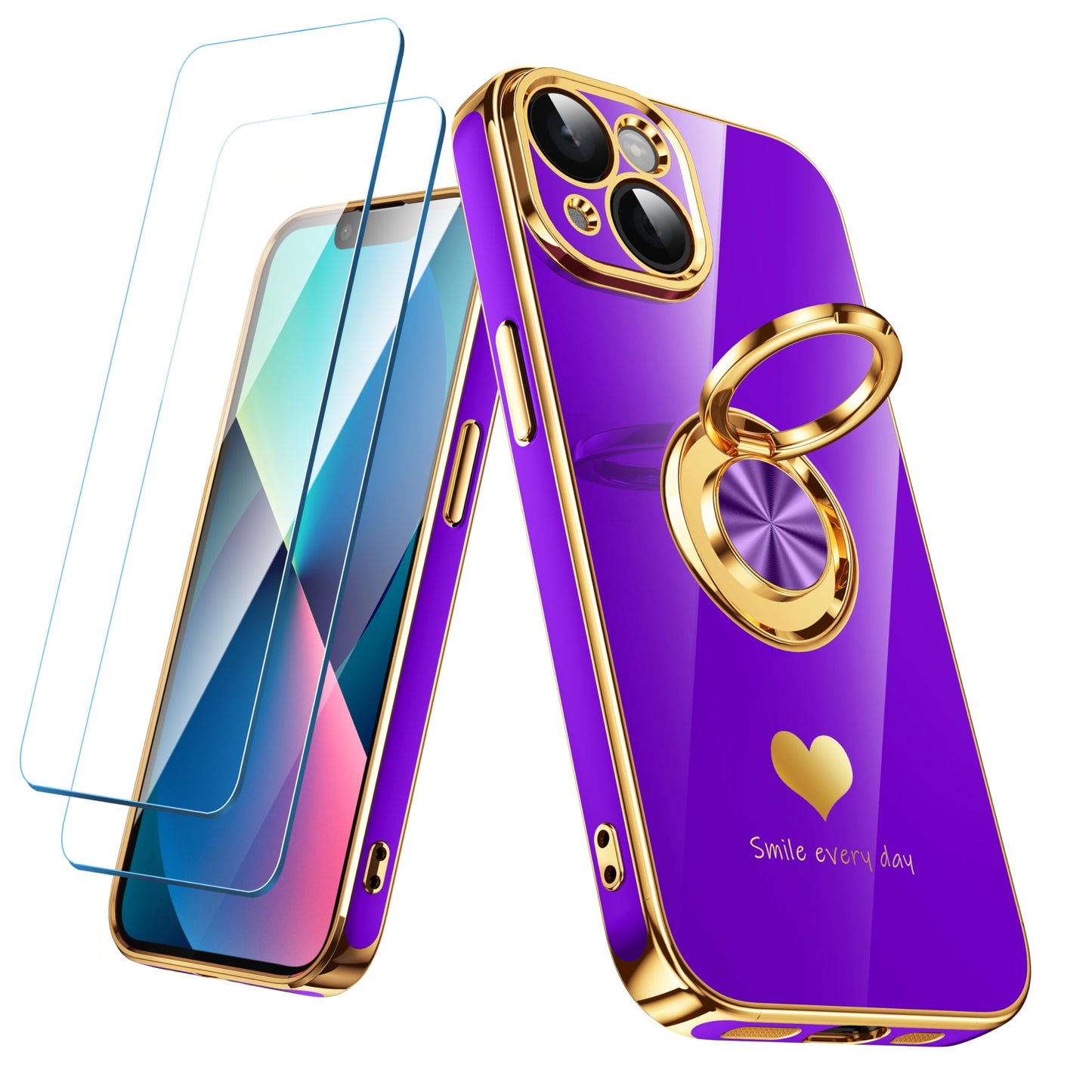 Nonional Compatible for iPhone 13 Case with 2 Pack Screen Protector, 360° Rotatable Ring Holder [Luxury Hearts Pattern] Plating Gold Edge Slim Soft