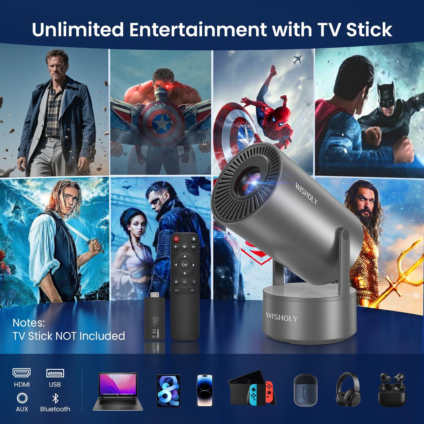 WISHOLY Projector with WiFi and Bluetooth, Mini Portable Projector with Built-in Rechargeable Battery for Outdoor, 1080P Supported, Electric Focus