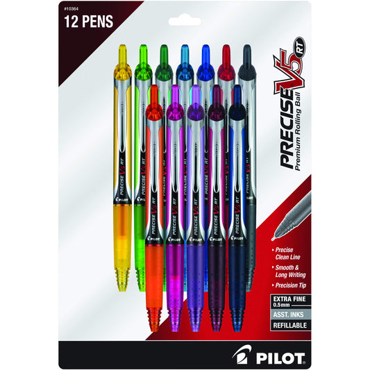 Pilot Precise V5 RT Refillable & Retractable Rolling Ball Pens, Extra Fine Point Pens, 0.5 mm, Assorted, Pack of 12 - Ideal for School, Journaling