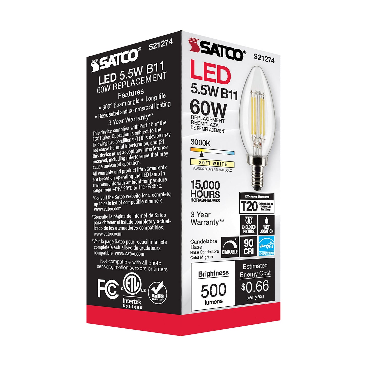 Satco S21274 5.5W LED B11 Clear Candelabra Bulb, 3000K Warm White, 6 Pack