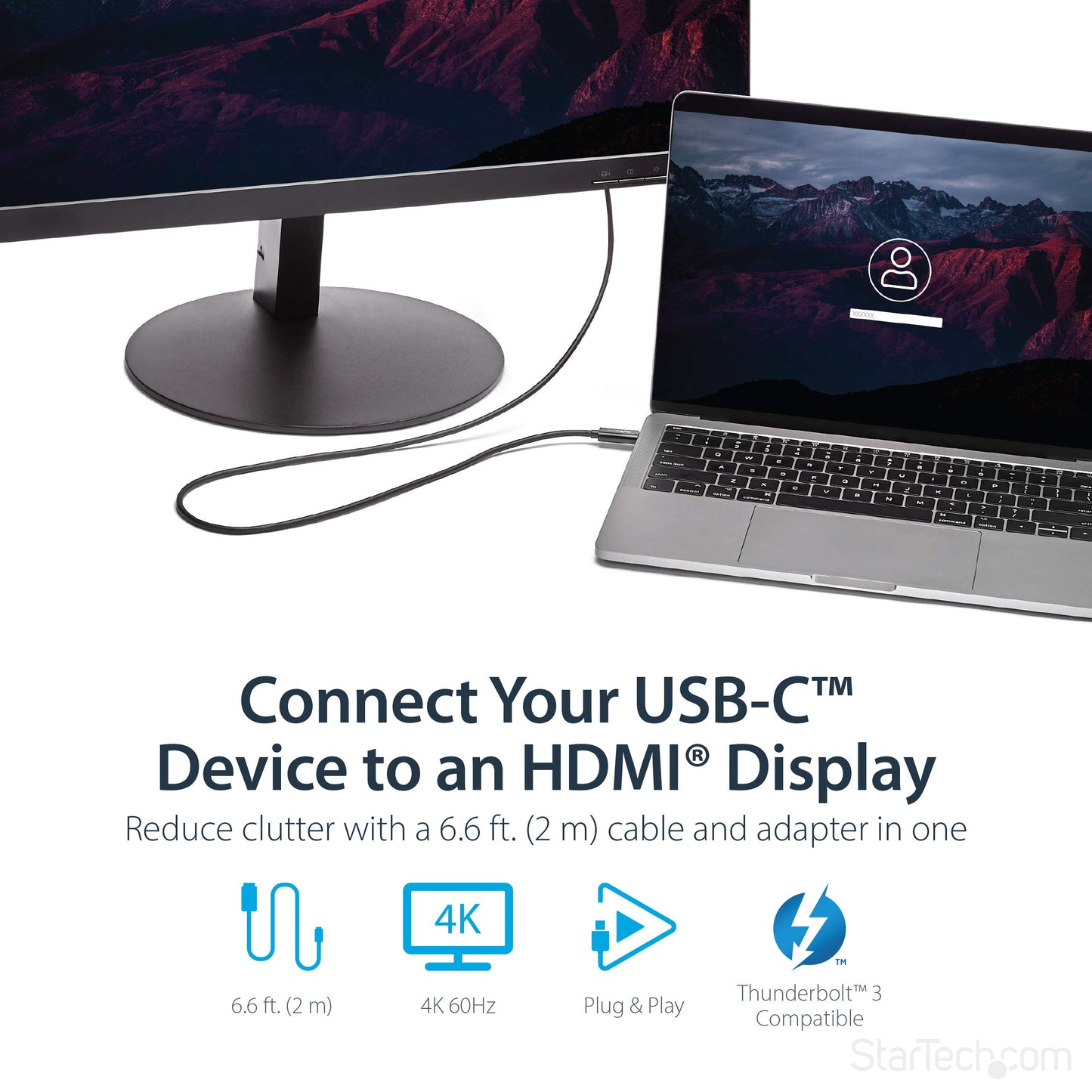 StarTech.com 6ft (2m) USB C to HDMI Cable - 4K 60Hz USB Type C to HDMI 2.0 Video Adapter Cable - Thunderbolt 3 Compatible - Laptop to HDMI