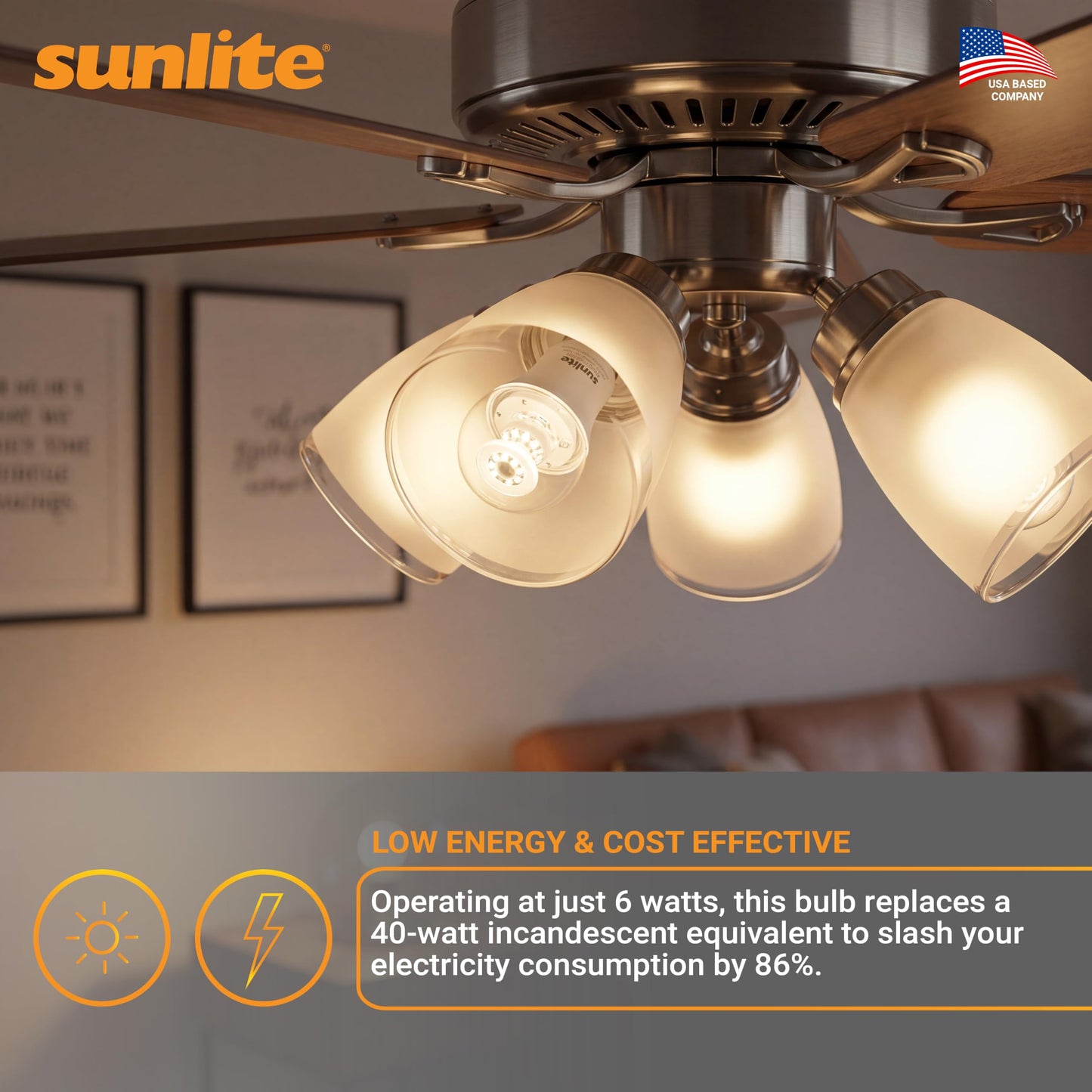 Sunlite 45162 LED A15 Appliance Clear Light Bulb, 6 Watts (40W Equivalent), 450 Lumens, Medium Base (E26), 90 CRI, Dimmable, ETL Listed, Ceiling Fan