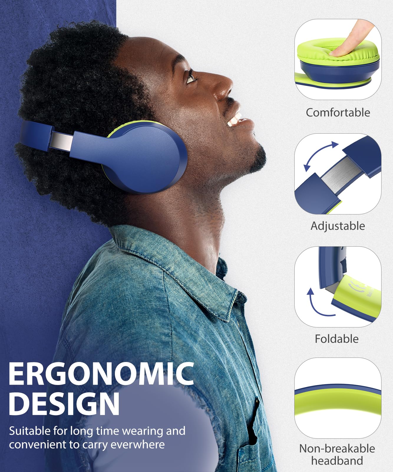 rockpapa E7 Over Ear Wireless Bluetooth Headphones with Mic Include Travel Case, Foldable Wired/Wireless Headphones with Microphone for Kids Childrens