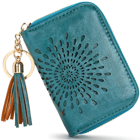 APHISON RFID Credit Card Holder Zipper Card Case Keychain Small Wallet for Women 1927 PEACOCK-BLUE