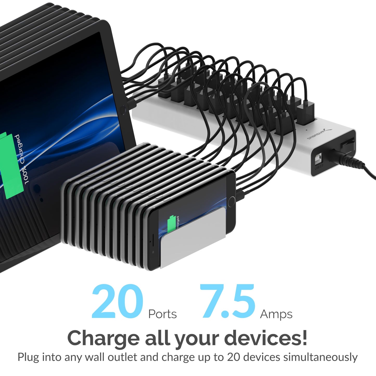 SABRENT 90W 20 Port USB 2.0 Fast Charger, 12V Power Supply Included (AX-P20C)