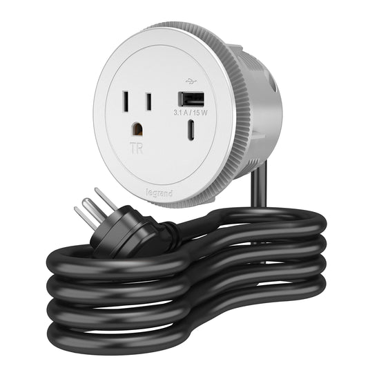 Legrand Wiremold RFPCRUAUC-WH10 Round Furniture Power Center with USB, 1 Outlet, Type A/C USB, 10 Foot Cord, White