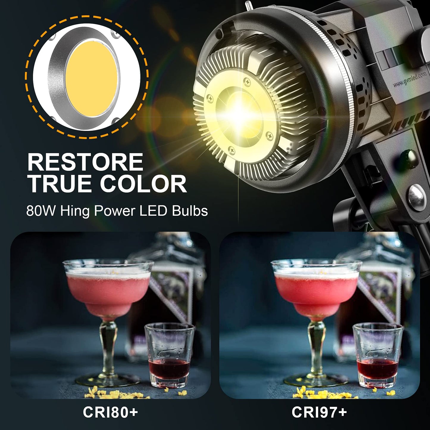 GVM Great Video Maker 80W CRI97+ Video Lights with Bowens Mount Color Temperature 5600K Dimmable LED Continuous Lighting Spotlight Photography
