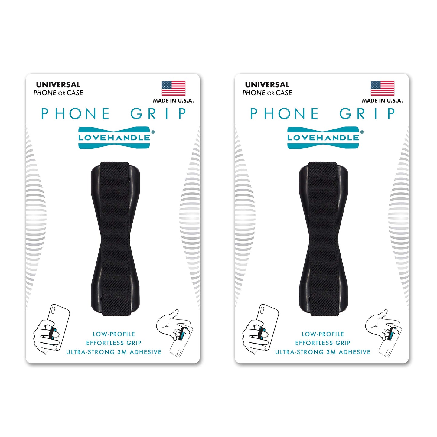 LOVEHANDLE Universal Grip for Most Smartphones, Mini Tablets and Cases, Black Elastic Strap with Black Base, Pack of 2, LH-01-2PackBlack