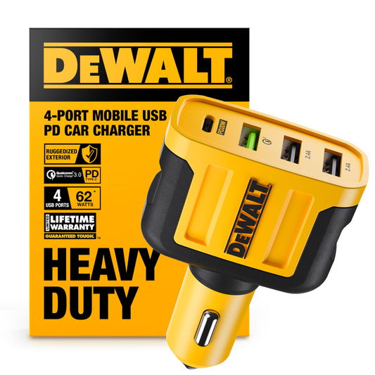 DEWALT Heavy Duty 4 Port USB C Car Charger Multiport, Fast 60W USB Cigarette Lighter Adapter, PD Type C Multi Car Phone Charger, Cell Phone Automobile