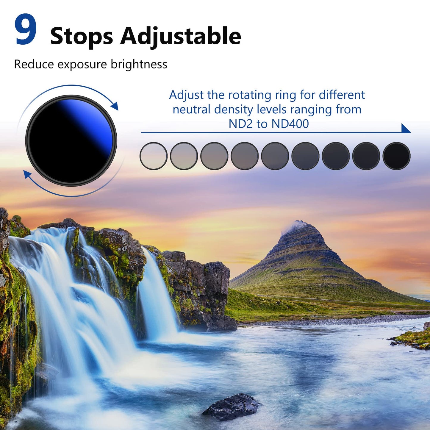 NEEWER 72mm Variable ND Filter ND2-ND400 (1-9 Stops), Neutral Density Filter, Multiple Coatings, Water and Scratch Resistant