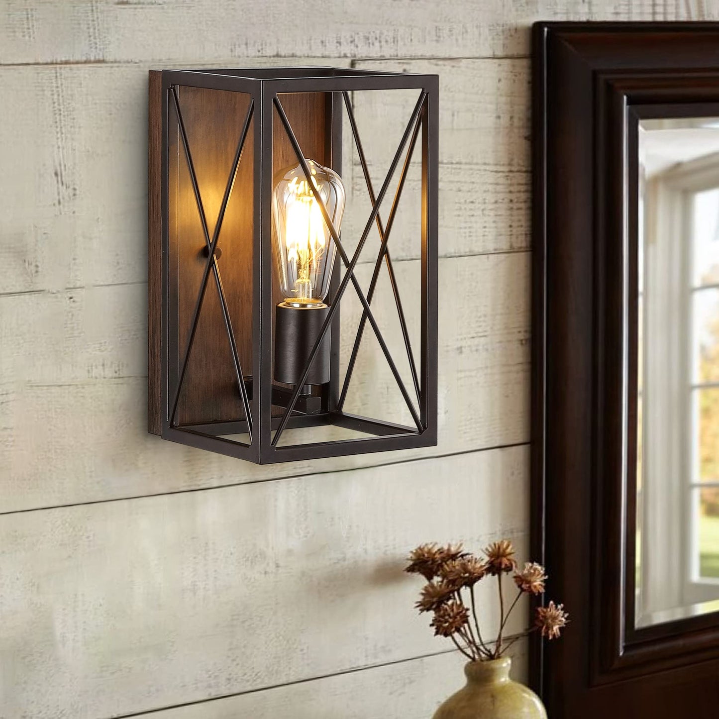 JONATHAN Y 6" Oil Rubbed Bronze/Wood Finish 1-Light Iron Sconce, Farmhouse Rustic X-Frame Wall Lantern for Bathroom Hallway Entryway, Modern