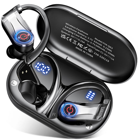 Bluetooth 6.1 Headphones True Wireless Earbuds 120hrs Playtime Wireless Charging Case, Digital Display Sports Ear Buds with Earhook Hi-Res Audio Clear