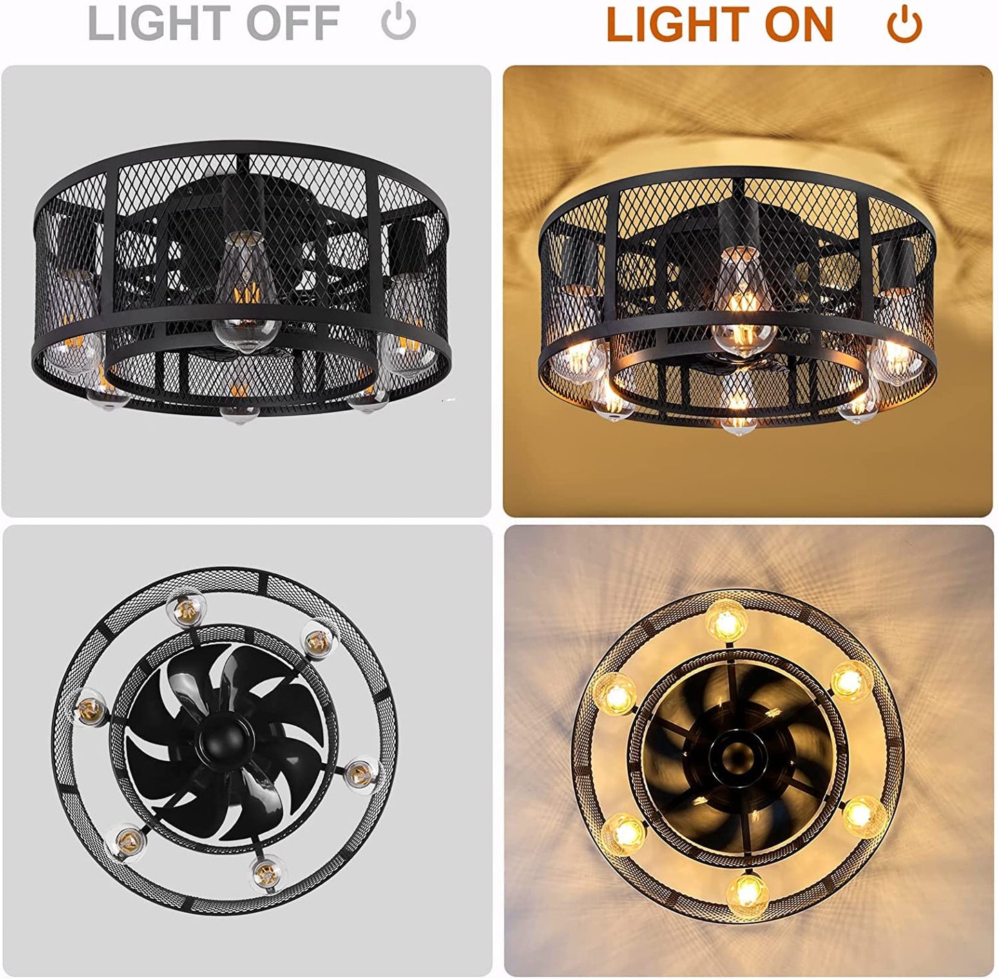 Ohniyou Cage Ceiling Fan with Light - 21'' Farmhouse Flush Mount Ceiling Fan Remote Control, Small Bladeless Caged Ceiling Fan for Kitchen Bedroom