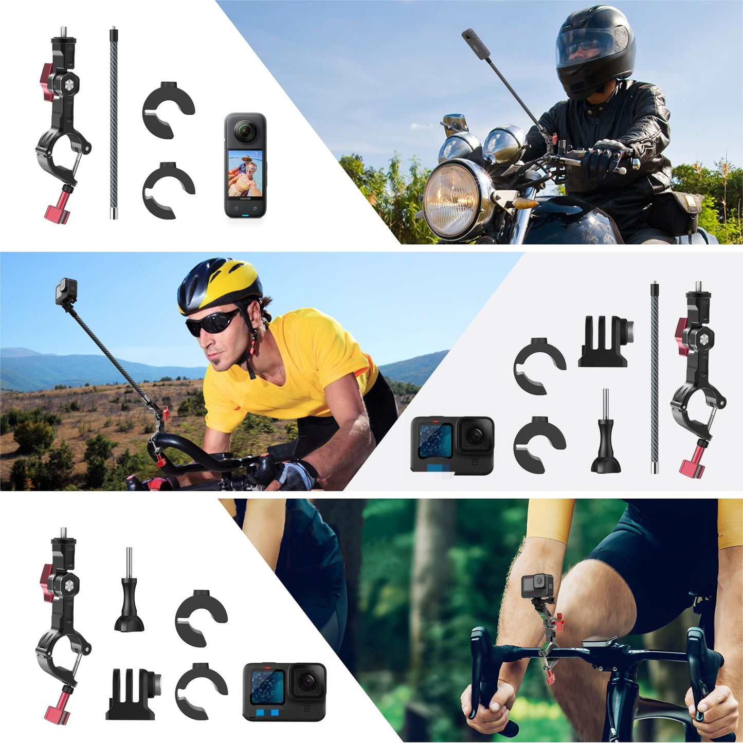 KOQEIEY Bike Motorcycle Handlebar Mount for Insta360 X5, DJI Osmo 360, Third-Person Bike Handlebar Selfie Stick Mount with Ratchet Interface