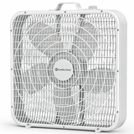 Comfort Zone Box Fan with Carry Handle, 20 inch, 3 Speed Full-Force Air Circulation Window Fan, Bedroom Floor Fan with 5 Blades, White Noise Cooling