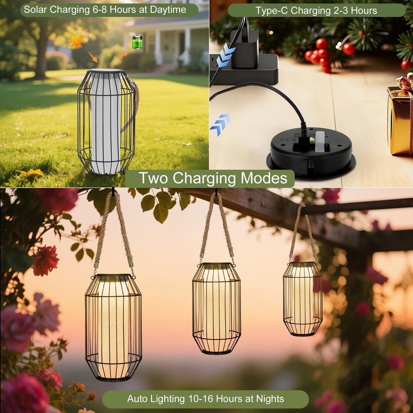 pearlstar Solar Lanterns Outdoor Waterproof Dual Charging (USB/Solar) Hanging Lantern Large Metal Floor Lamp for Patio Table Outside Porch Yard Garden