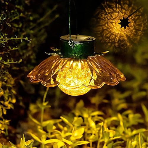XUWEN Hanging Solar Lantern Outdoor - Yellow Solar Flower Lights with Crackle Globe Glass, Hanging Lanterns Decorative Outdoor for Walkway Pathway