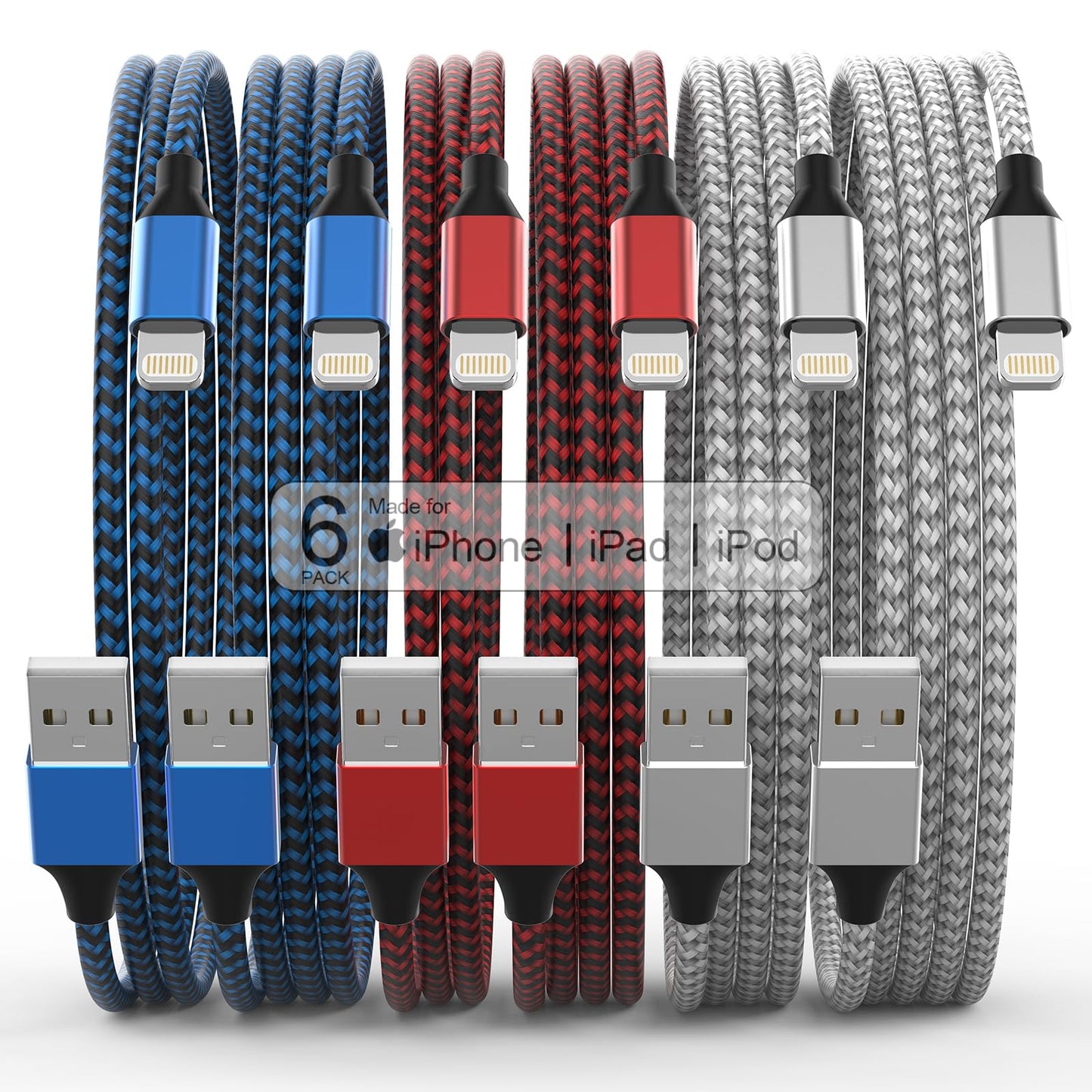 [Apple MFi Certified] 6Pack 3/3/6/6/6/10 FT iPhone Charger Nylon Braided Fast Charging Lightning Cable Compatible iPhone 14 Pro/13 mini/13/12/11 Pro…