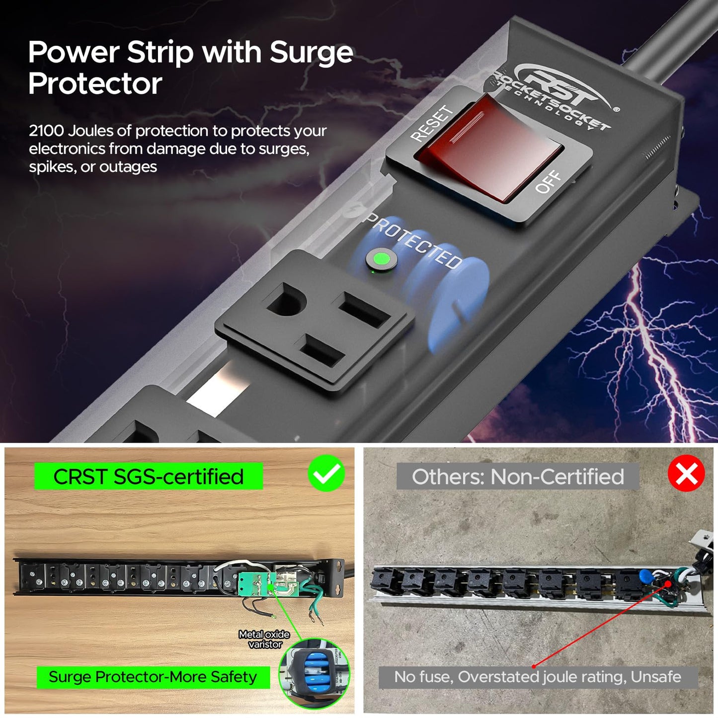 CRST 8 Outlet Metal Heavy Duty Power Strip, 2100J Surge Protector with 6FT Cord, 15A/1875W Wide Spaced Mountable Industrial Power Strip