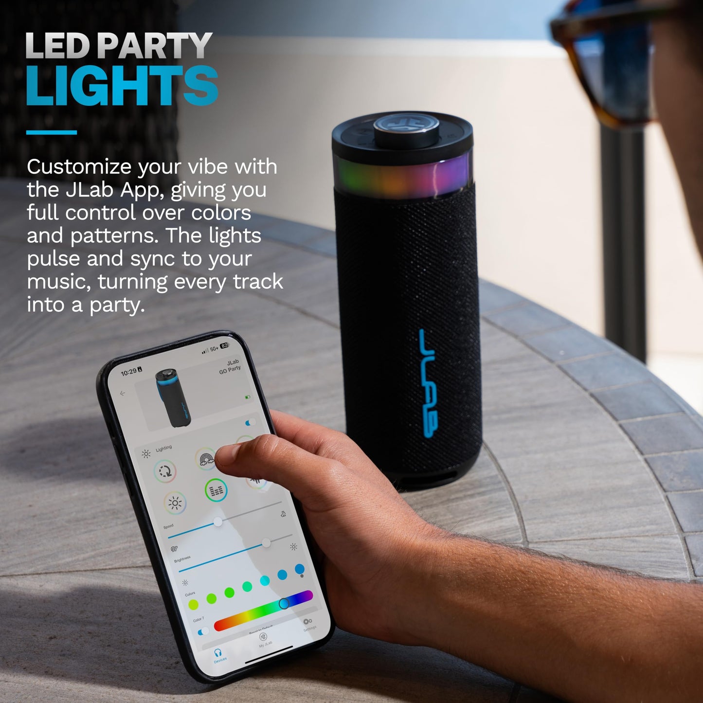 JLab Go Party Portable Bluetooth Speaker, Midnight Black, 10 Watts of Power, 16+ Hours of Playtime, IP56 Waterproofing, Customizable RGB LED Lighting