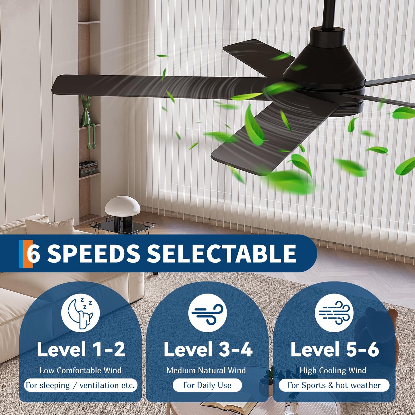 GarveeHome 52 Inch Ceiling Fans with Lights and Remote, 6 Speed Reversible Quiet DC Motor, 3CCT Dimmable LED, Black Ceiling Fans with Dual Finish