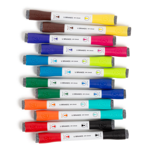 U Brands Fine Tip Dry Erase Markers with Eraser, Magnetic Double-Ended Whiteboard Markers, Low Odor, Assorted Bright Colors, Set of 12