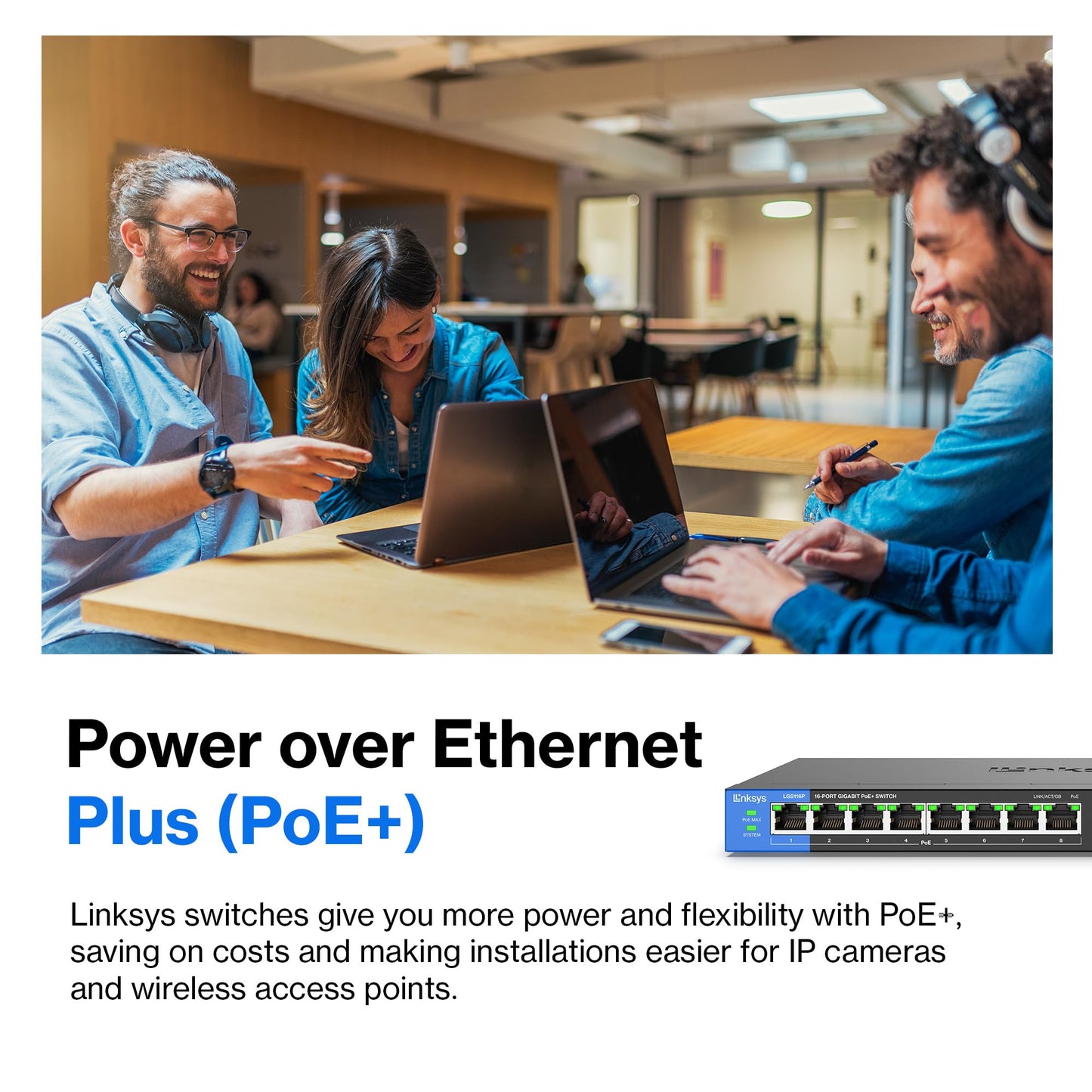 Linksys LGS116P 16 Port Gigabit Unmanaged Network PoE Switch with 8 PoE+ Ports @ 80W - Ideal for Business, Home, Office, IP Surveillance - Ethernet