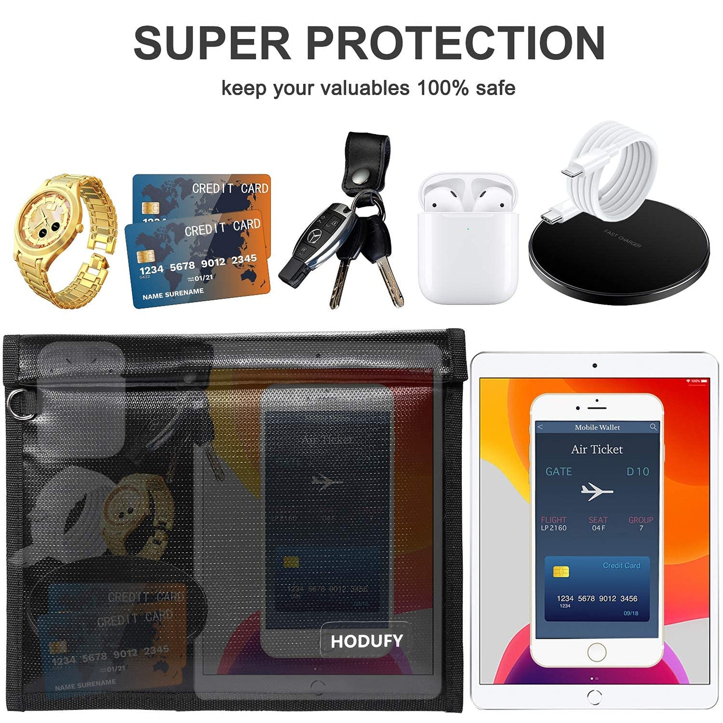 Hodufy Faraday Bags 9.8 x 11 Inches, Fireproof & Waterproof Faraday Cage, Faraday Key Fob Protector, Cell Phone Signal Jammer, Car RFID Signal