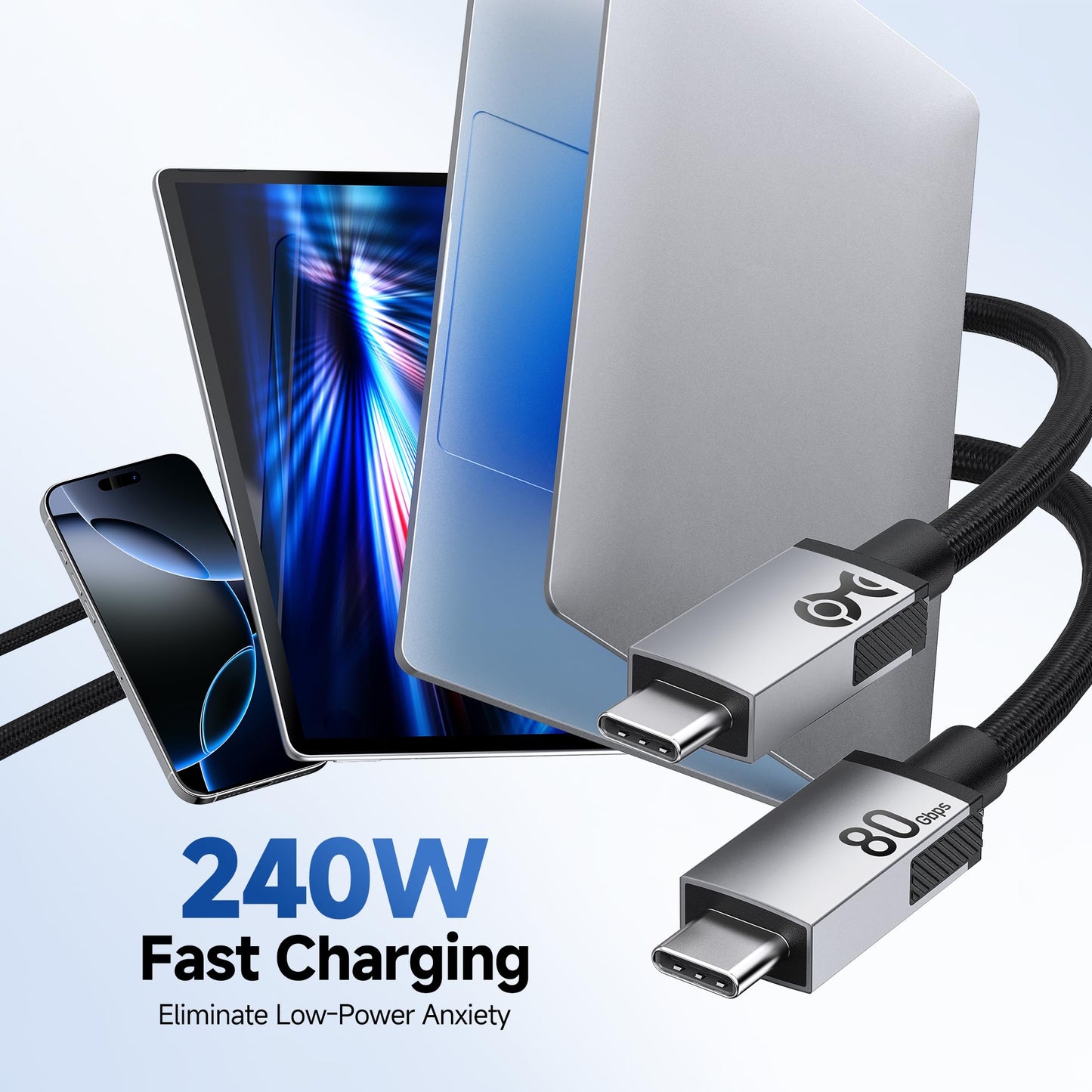 Cable Matters 80Gbps Premium Braided USB4 Cable - 6.6ft / 2m, Up to [8K@120Hz / 4K@480Hz Video, 240W Charging, 80Gbps Data Transfer], USB 4 Cable