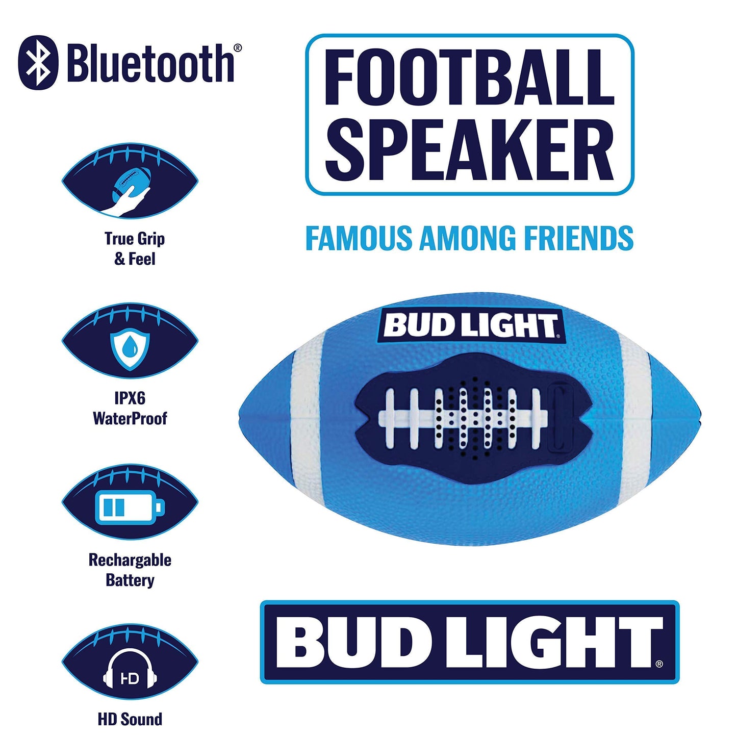 Bud Light Portable Football Bluetooth Speaker Wide Range Wireless Speakers with Rechargeable Battery IPX6 Waterproof Music Device Prefect Birthday