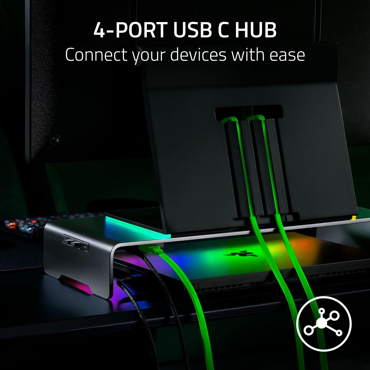 Razer Monitor Stand Chroma: 4 Port Hub - USB A 3.2, USB C 3.2, HDMI 2.0 - Ergonomic Height - Durable Aluminum Supports Up to 44 lbs - Organize Storage