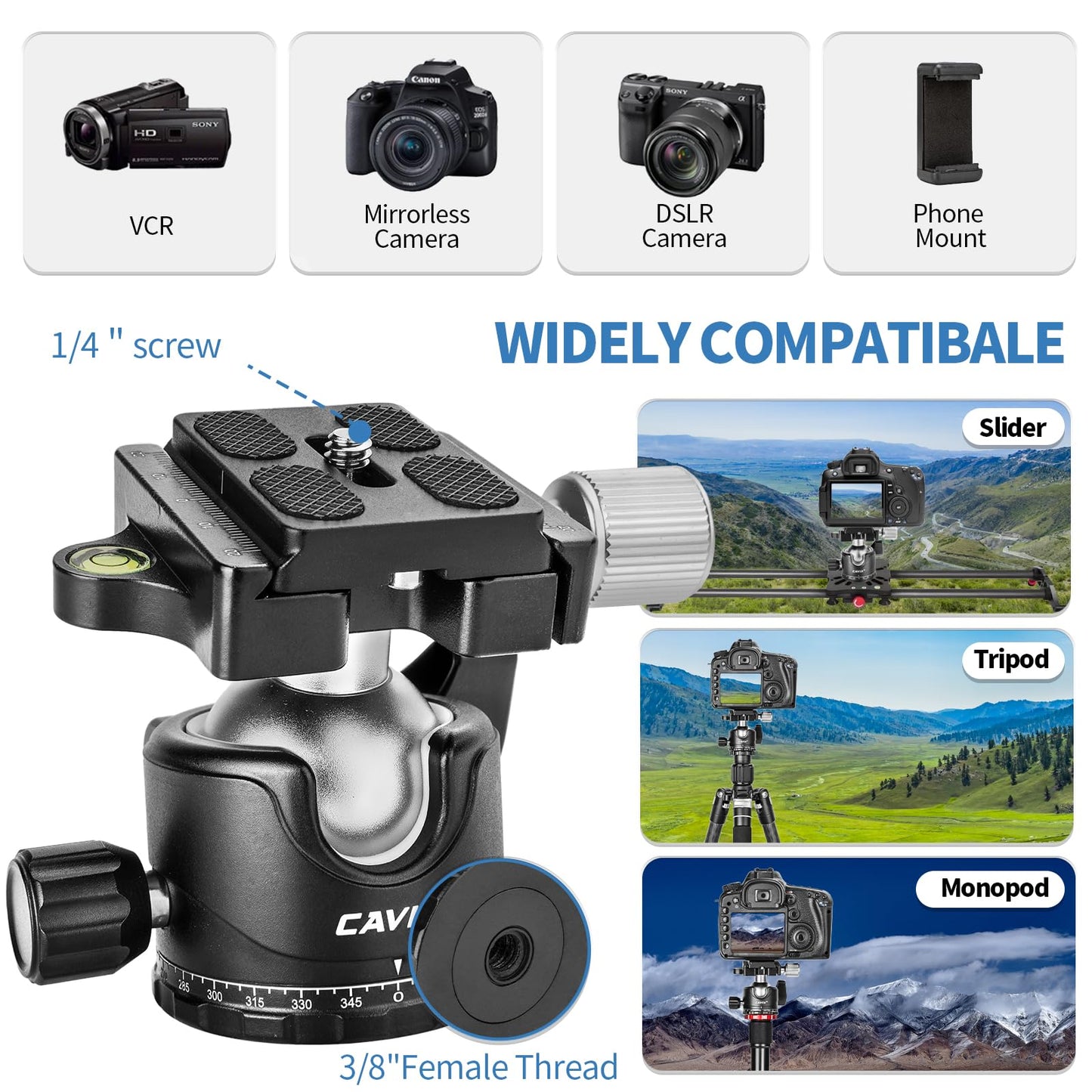 Ball Head Mount, CAVIX 36mm Ball Head Camera Tripod Head with 1/4“ Arca Swiss Quick Release Plate for Tripod, Monopod, DSLR, Camera,Load 33lb/15kg