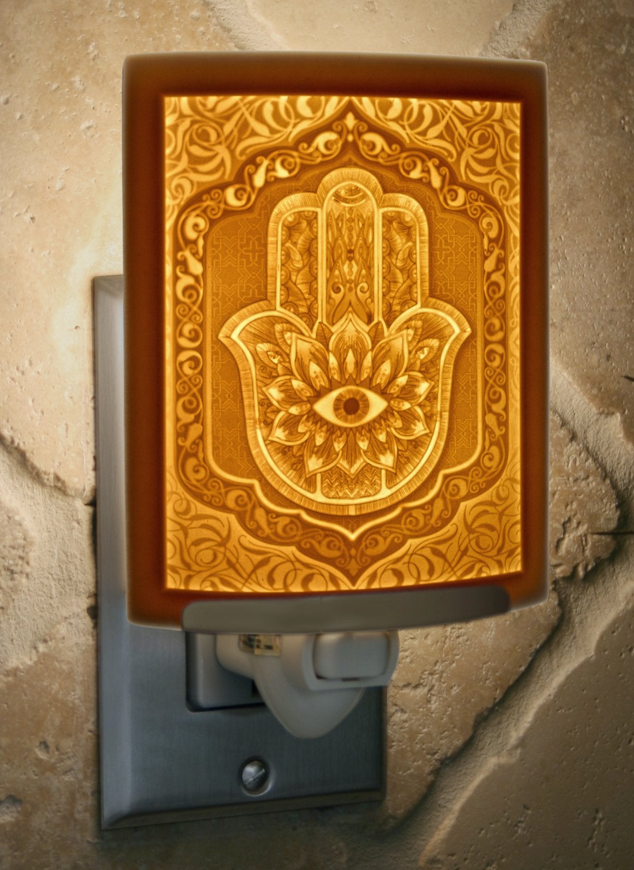 The Porcelain Garden Hamsa - Curved Fine Porcelain Lithophane Night Light, Decorative wall Plug in Nursery, Bedroom Kitchen, Bath, Hallway Evil Eye