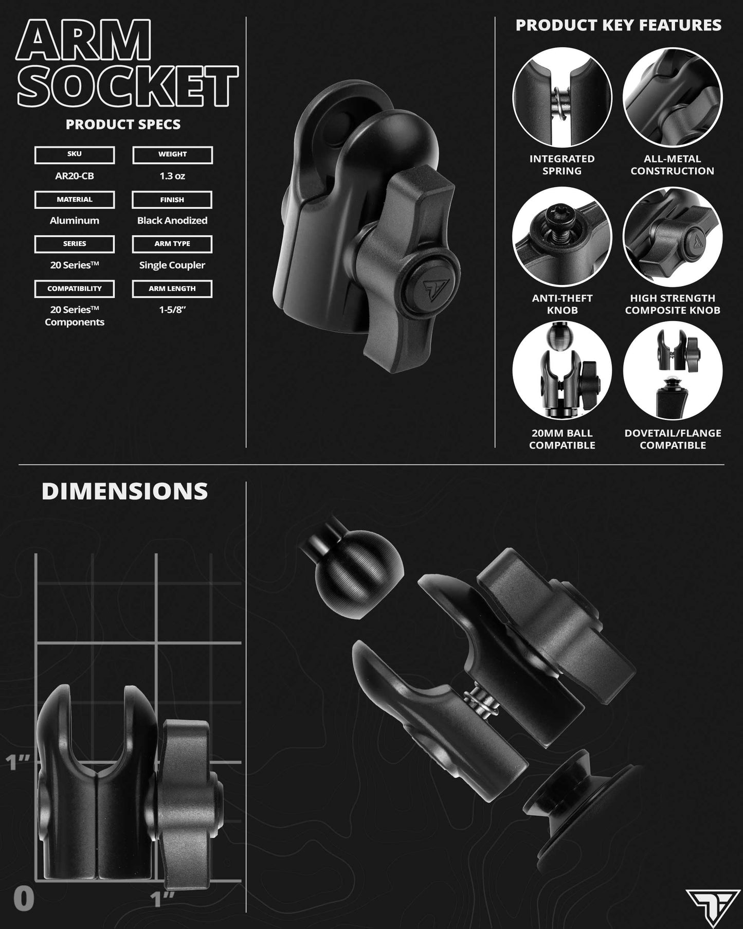 Tackform Slim Track™ Base Mount - CB Microphone Holder | Black Anodized Aluminum | Short Reach Arm | (Base Mounts Are ONLY Compatible With Tackform