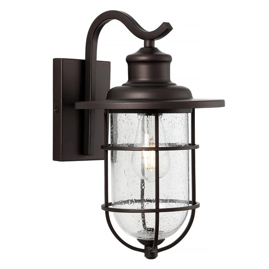 JONATHAN Y 15" Oil Rubbed Bronze 1-Light Iron and Seeded Glass Outdoor Sconce, Rustic Industrial Cage Wall Lantern for Porch Patio, UL Listed, LED