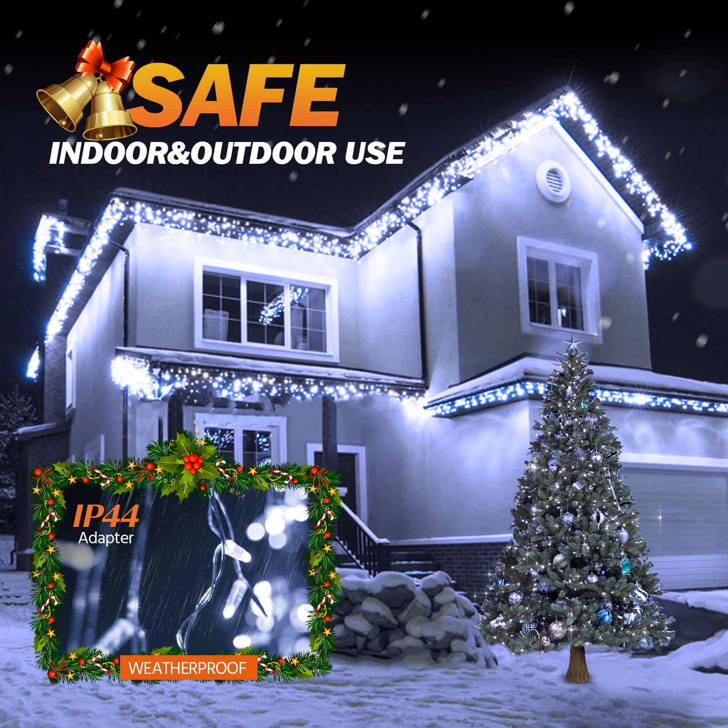 USOKYO Icicle Christmas Lights, 62FT LED Icicle String Lights with 144 Drops, Outdoor/Indoor Use, 8 Modes, Cool White