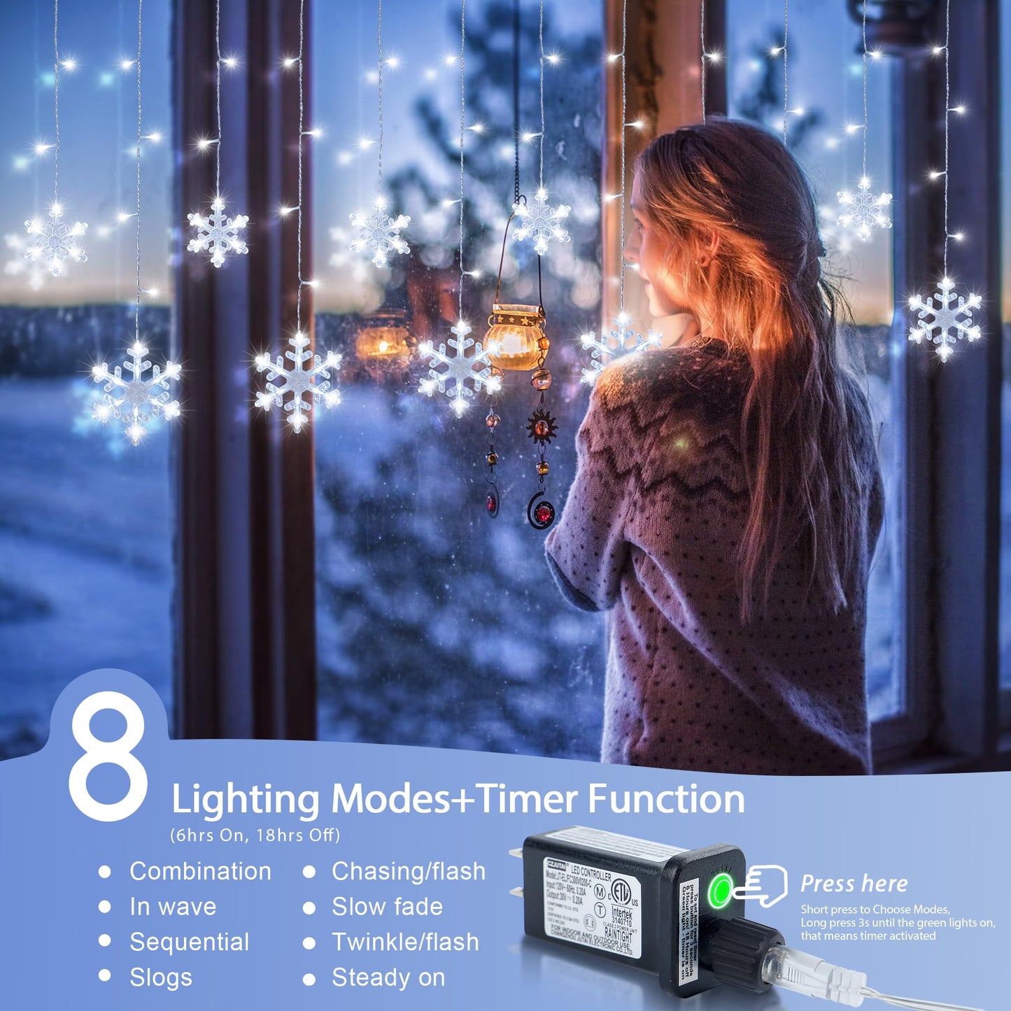 Qunlight Christmas Snowflake Icicle Lights,6.5ft 144LED Curtain Lights Outdoor with 12 Drops, 8 Modes Waterproof Connectable Fairy Light for Eaves