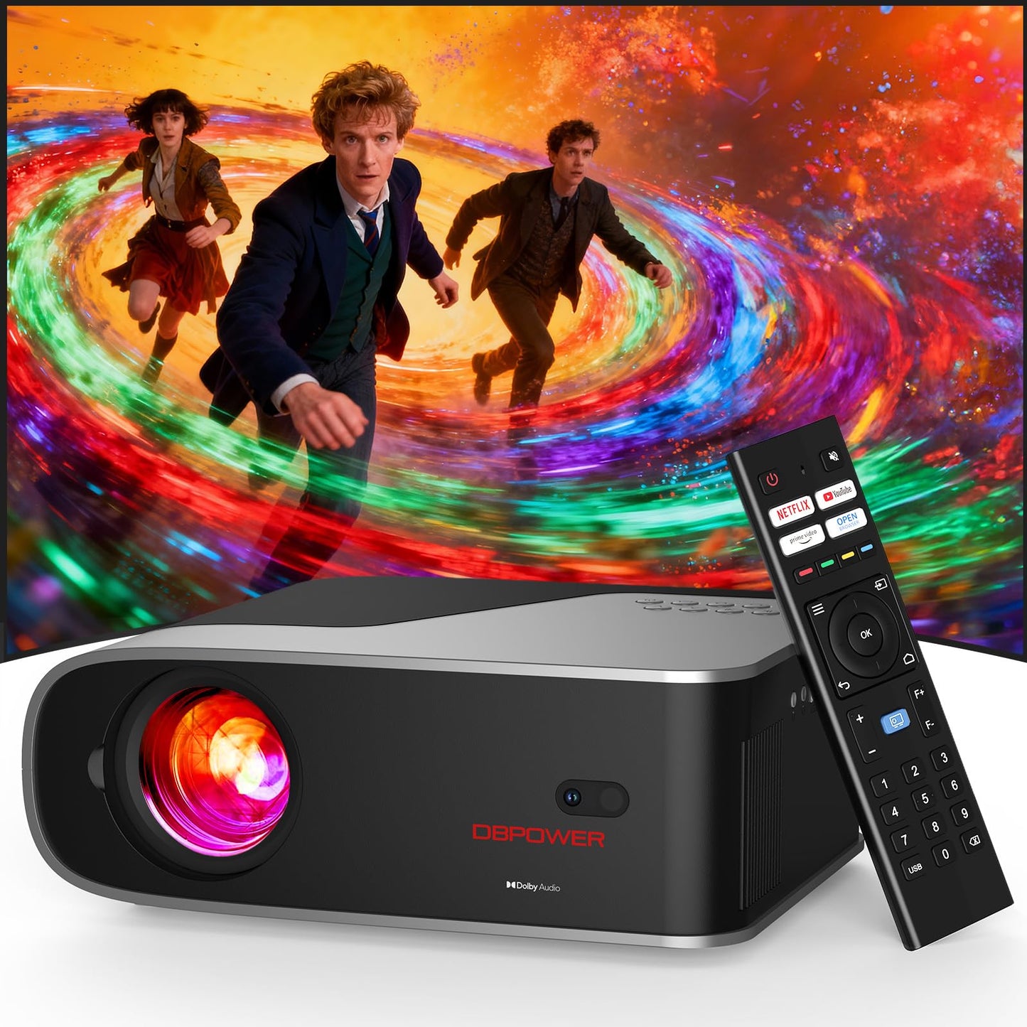 [Auto Focus/Dolby Audio]Smart Projector with WiFi and Bluetooth, DBPOWER Projector Built-in Apps, Native 1080P, Auto 6D Keystone, Zoom 50%, Upgraded