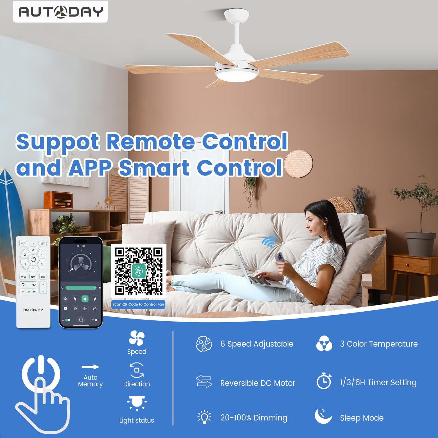 Autoday 52" Ceiling Fans with Lights and Remote/App Control
