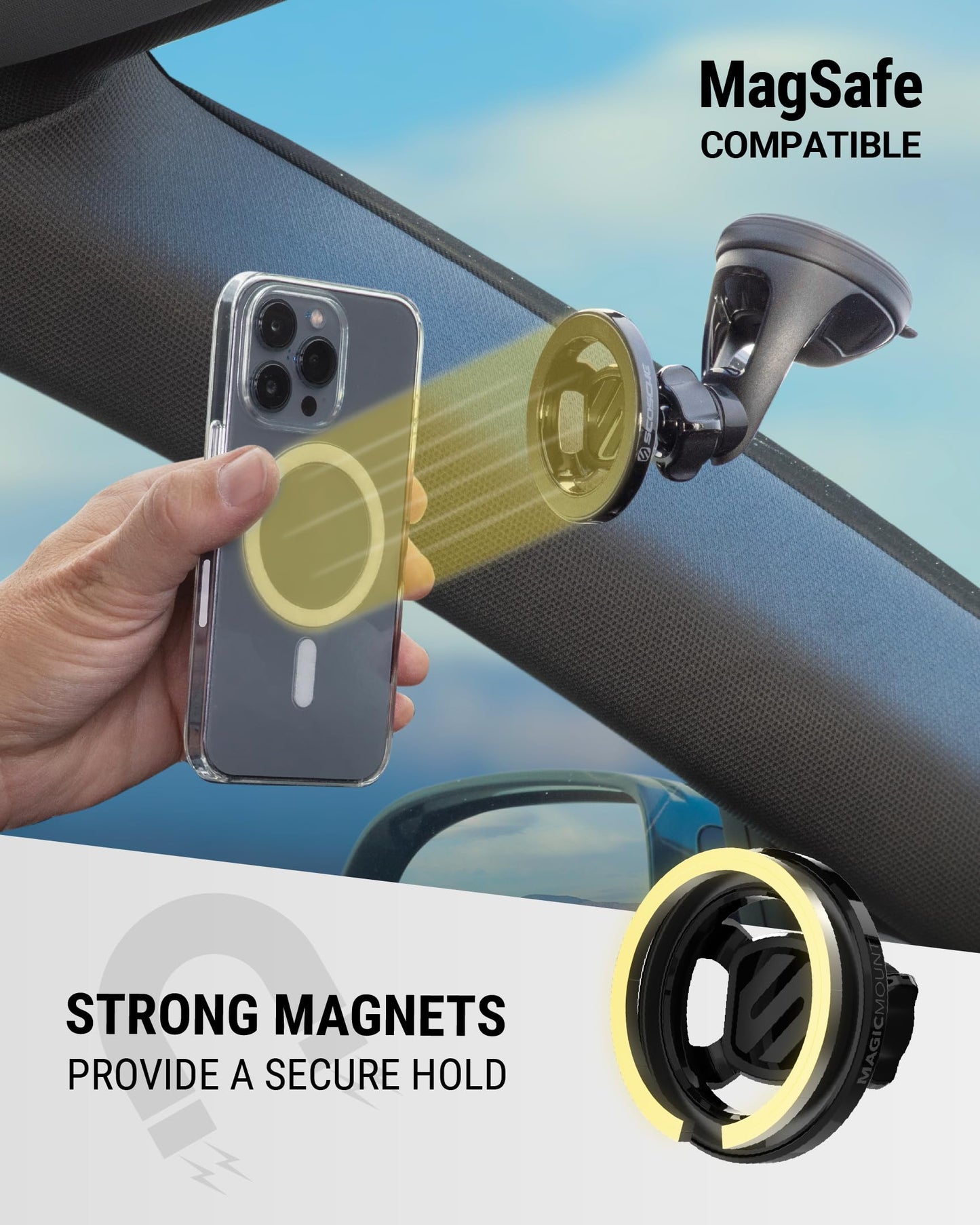 Scosche SMS2WD MagicMount MagSafe Suction Cup Phone Mount for Car Windshield/Dashboard Cell Phone Holder Compatible with Popsocket, Magnetic Stand