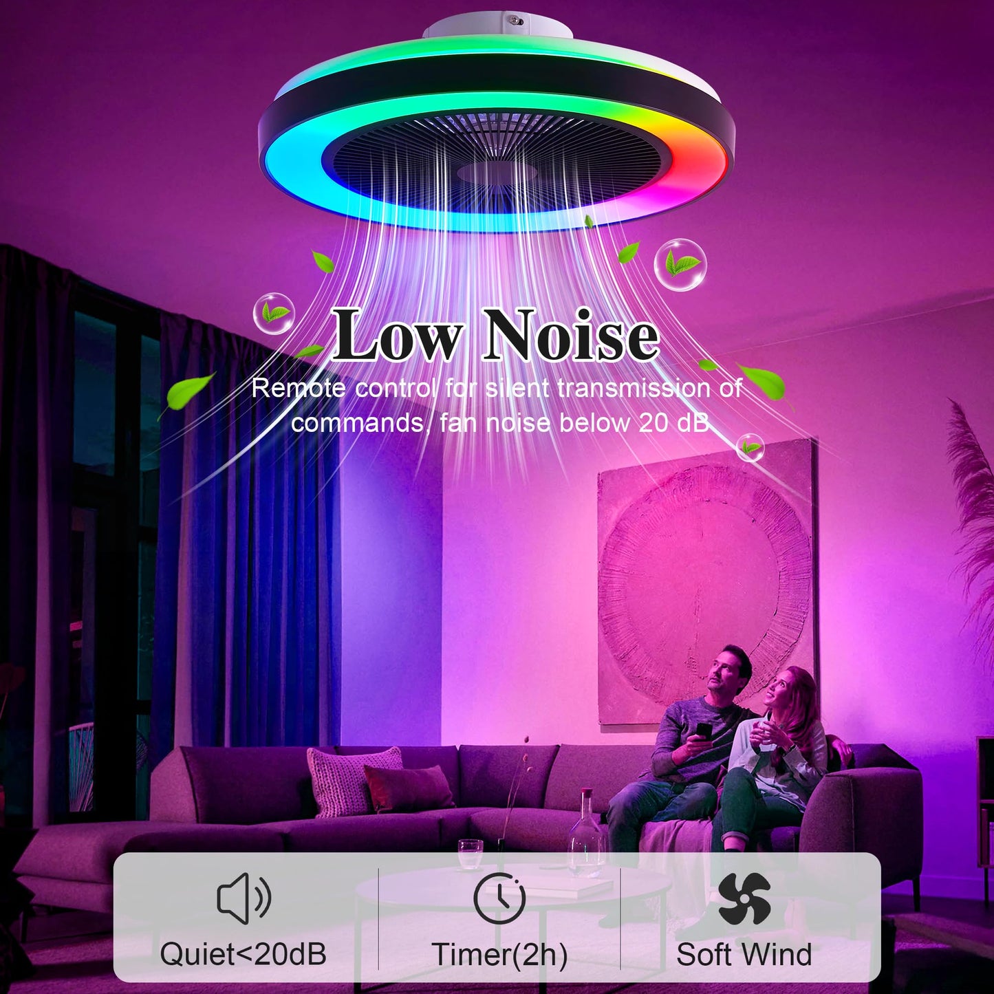 Smart Ceiling Fans with RGB Lights Remote - 20'' Flush Mount Low Profile Modern Ceiling Fans for Bedroom - Stepless Color Temperature and 6 Speeds