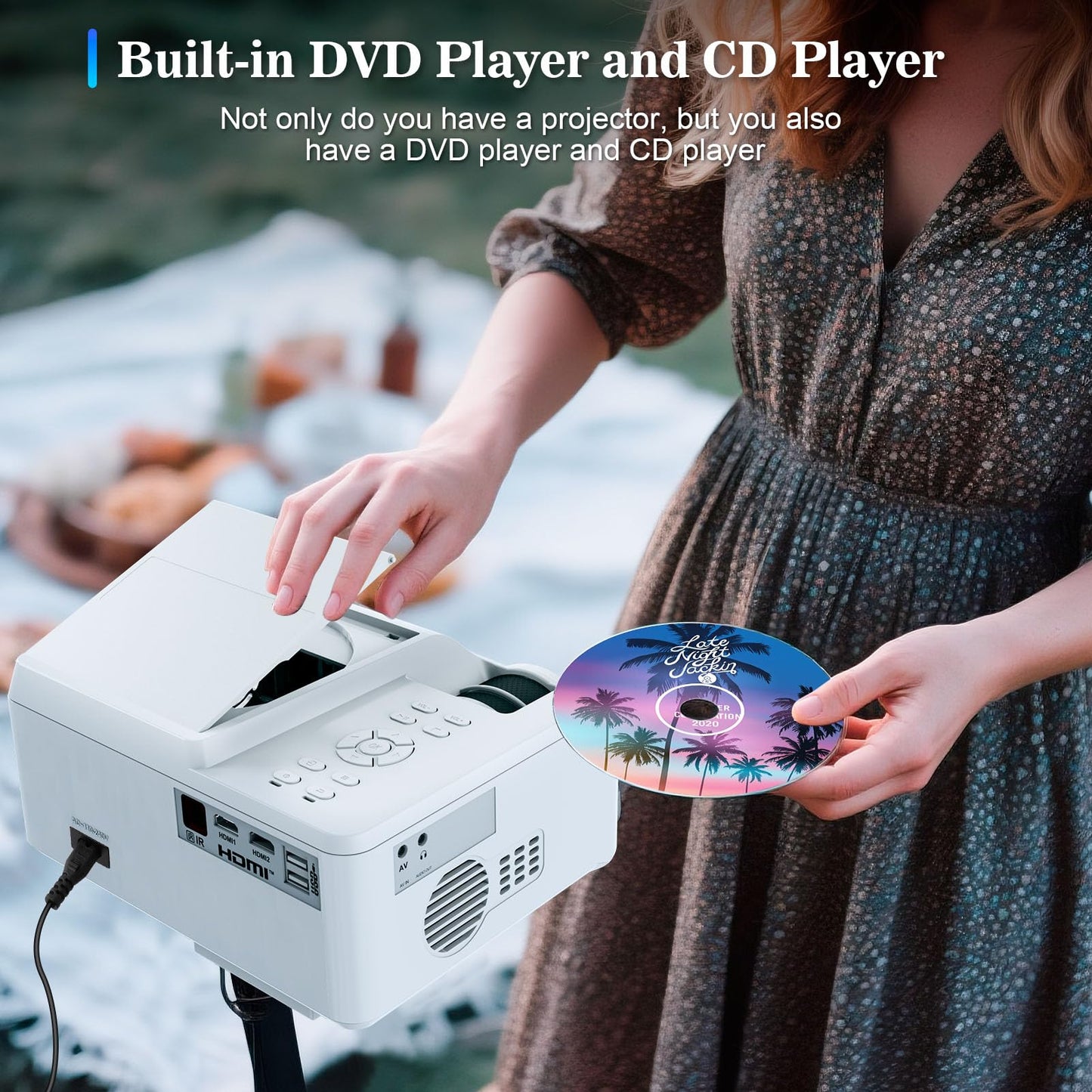 Homlab DVD Projector Portable with Build-In DVD Player - Mini Movie Projector with Built-In Speaker, Compatible with PC/ TV/ HDMI/ USB/ AV, 1080P HD
