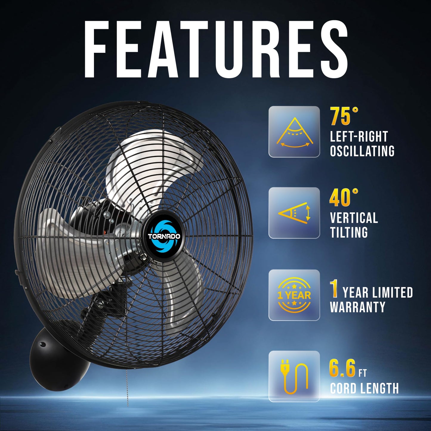 Tornado 16 Inch Professional High-Velocity Oscillating Wall-Mounted Fan - Ideal for Industrial, Commercial, and Residential Spaces - 3-Speed Settings