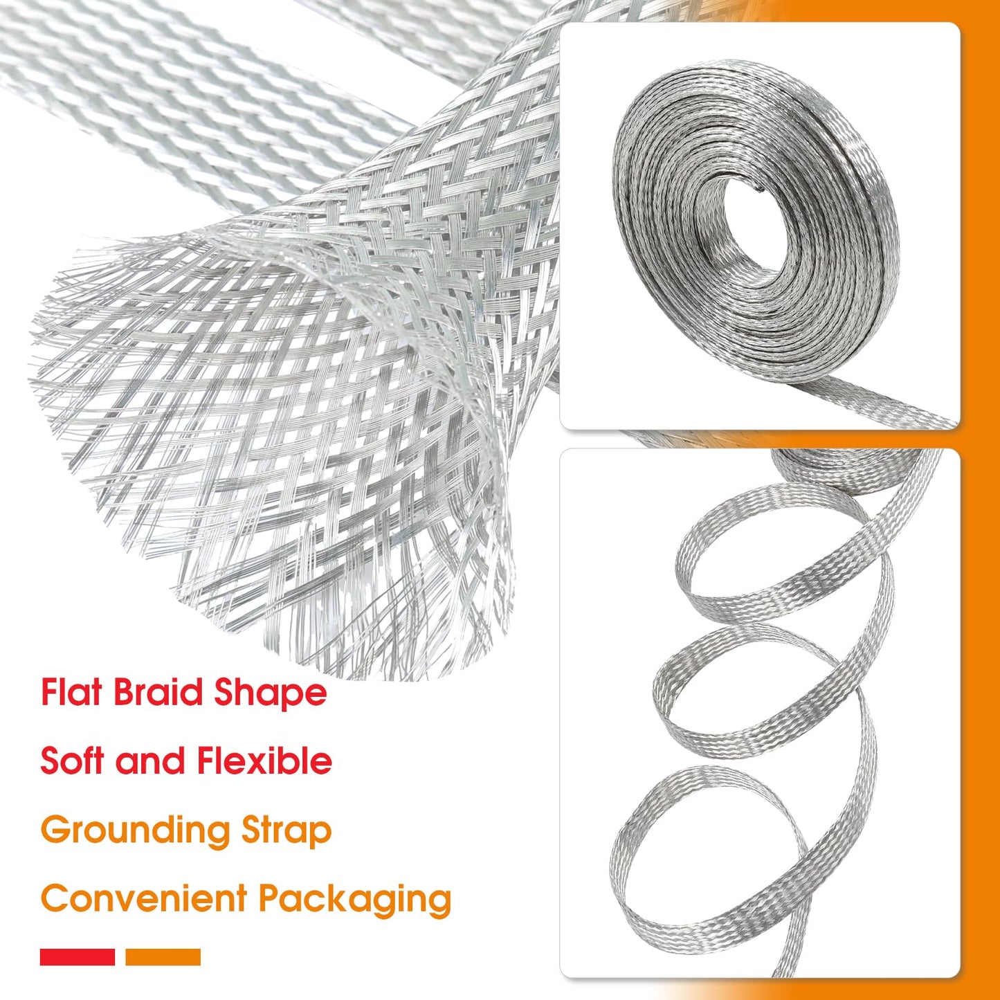 SUNNAREPOON Tinned Copper Wire Shielding Sleeve, Expandable Ground Strap Wiring Braided Sleeving Metal Mesh Sheathing Cabling Wiring Protector
