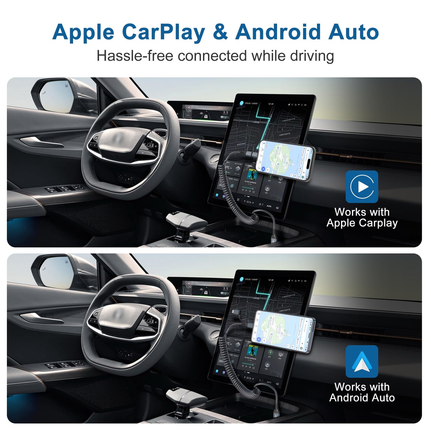 USB-C and Lightning Cable 2 in 1 Combo Apple Carplay & Android Auto,3A Fast Charging & Data Sync[MFi Certified] Short Coiled iPhone Car Charger Cord…