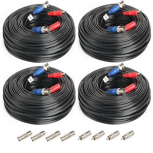 SHD 4Pack 100Feet Video Power Cable - BNC to RCA & BNC Female Connectors for CCTV Security Surveillance System