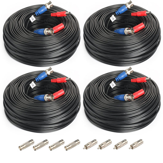 SHD 4Pack 100Feet Video Power Cable - BNC to RCA & BNC Female Connectors for CCTV Security Surveillance System