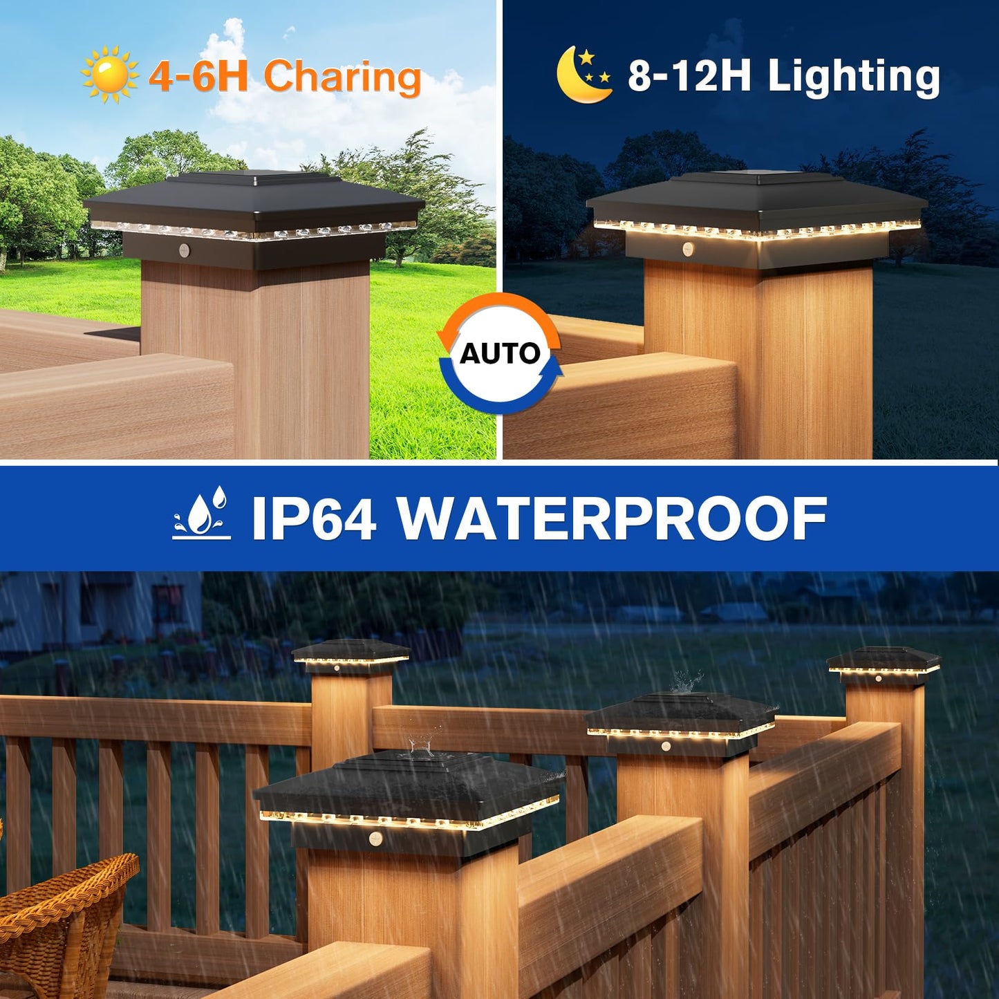 APONUO 4x4 Solar Post Cap Lights 6 Pack - IP65 Waterproof, 24 LED Warm White Solar Lights for 4x4 Wood/Vinyl Fence, Deck, Patio & Yard (Auto On/Off